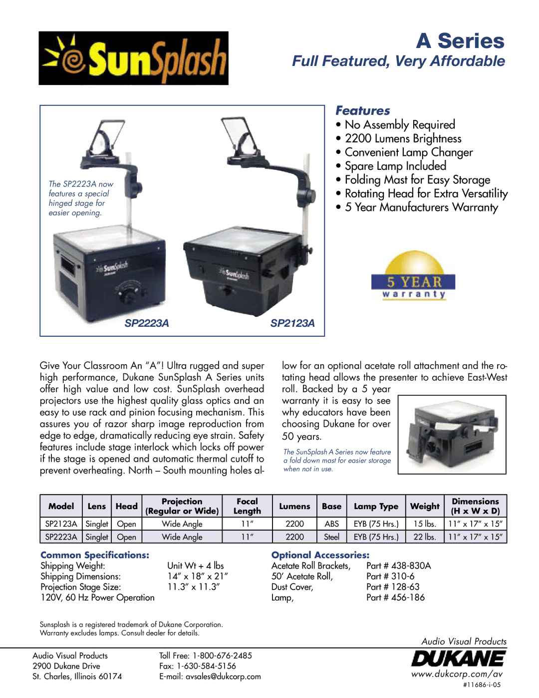 Dukane warranty Series, Full Featured, Very Affordable, Features, SP2223ASP2123A 