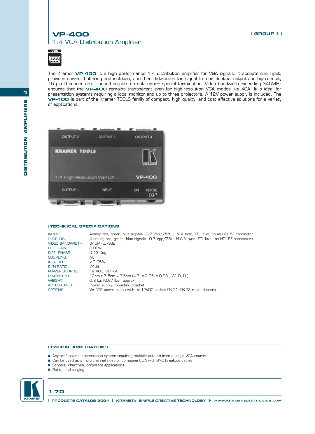 Dukane VP-400 technical specifications VGA Distribution Amplifier, Technical Specifications, Typical Applications 