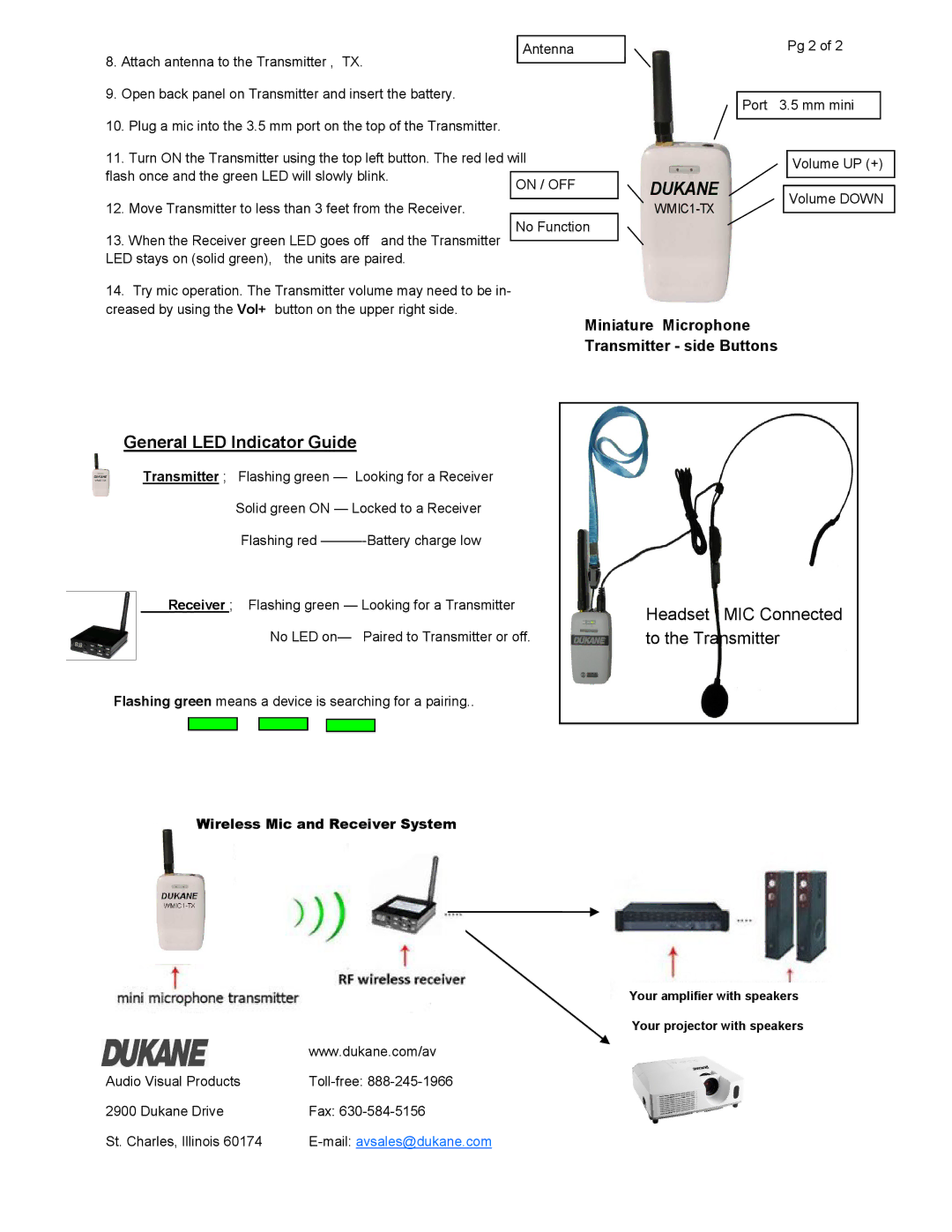 Dukane WMIC1 quick start General LED Indicator Guide, Dukane, On / OFF, Wireless Mic and Receiver System 