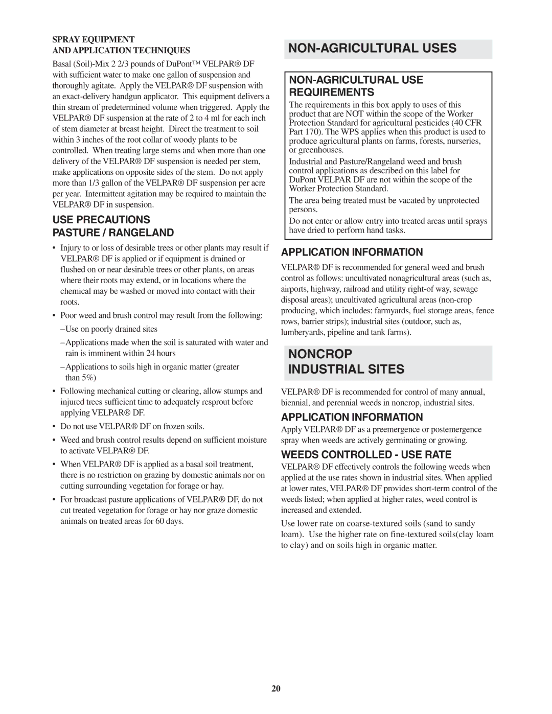 DuPont Authentication H - 65190 manual NON-AGRICULTURAL Uses, Noncrop Industrial Sites, USE Precautions Pasture / Rangeland 