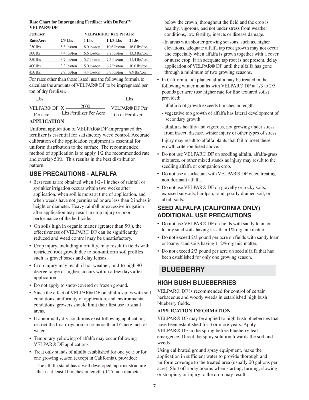 DuPont Authentication H - 65190 manual Blueberry, USE Precautions Alfalfa, High Bush Blueberries, Application 