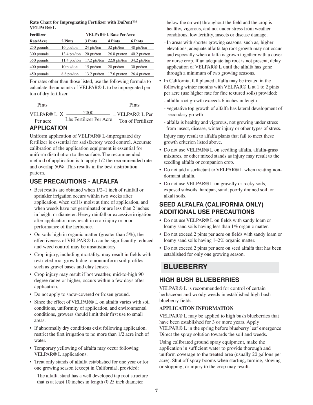 DuPont Authentication H - 65396 manual Blueberry, USE Precautions Alfalfa, High Bush Blueberries, Application Information 