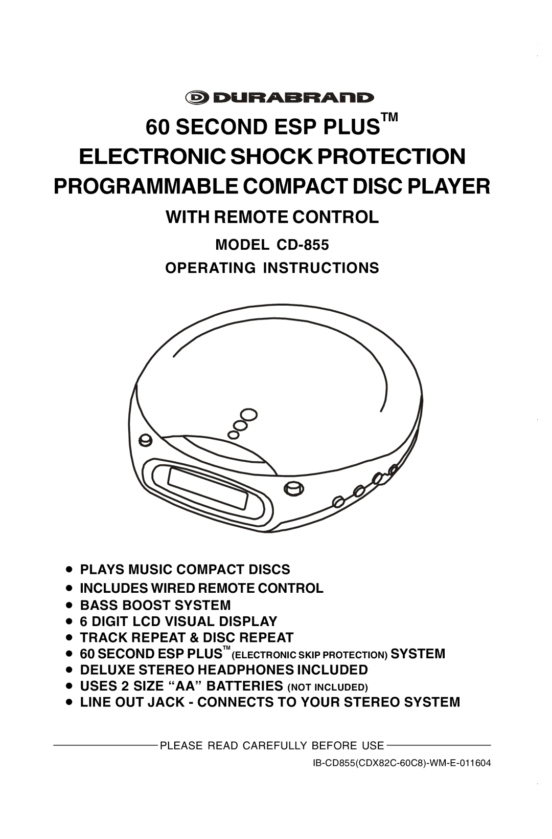 Durabrand manual With Remote Control, Model CD-855 Operating Instructions 