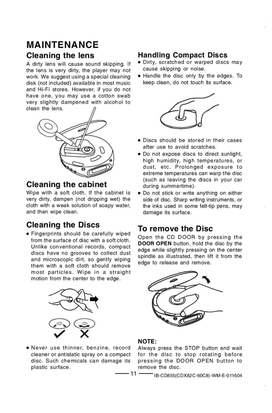 Durabrand CD-855 manual Maintenance, Cleaning the lens, Cleaning the cabinet, Cleaning the Discs, To remove the Disc 