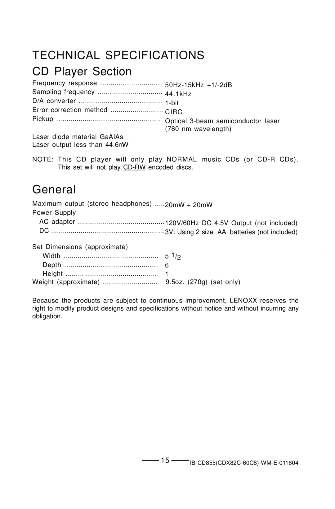 Durabrand CD-855 manual Technical Specifications, CD Player Section 