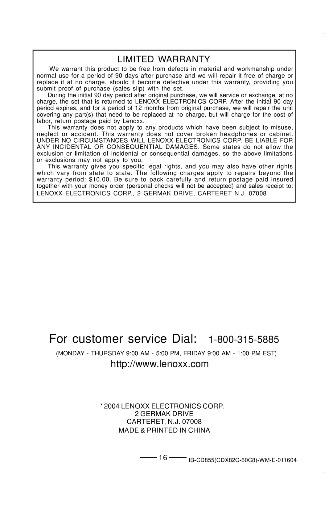 Durabrand CD-855 manual For customer service Dial1-800-315-5885, Limited Warranty 