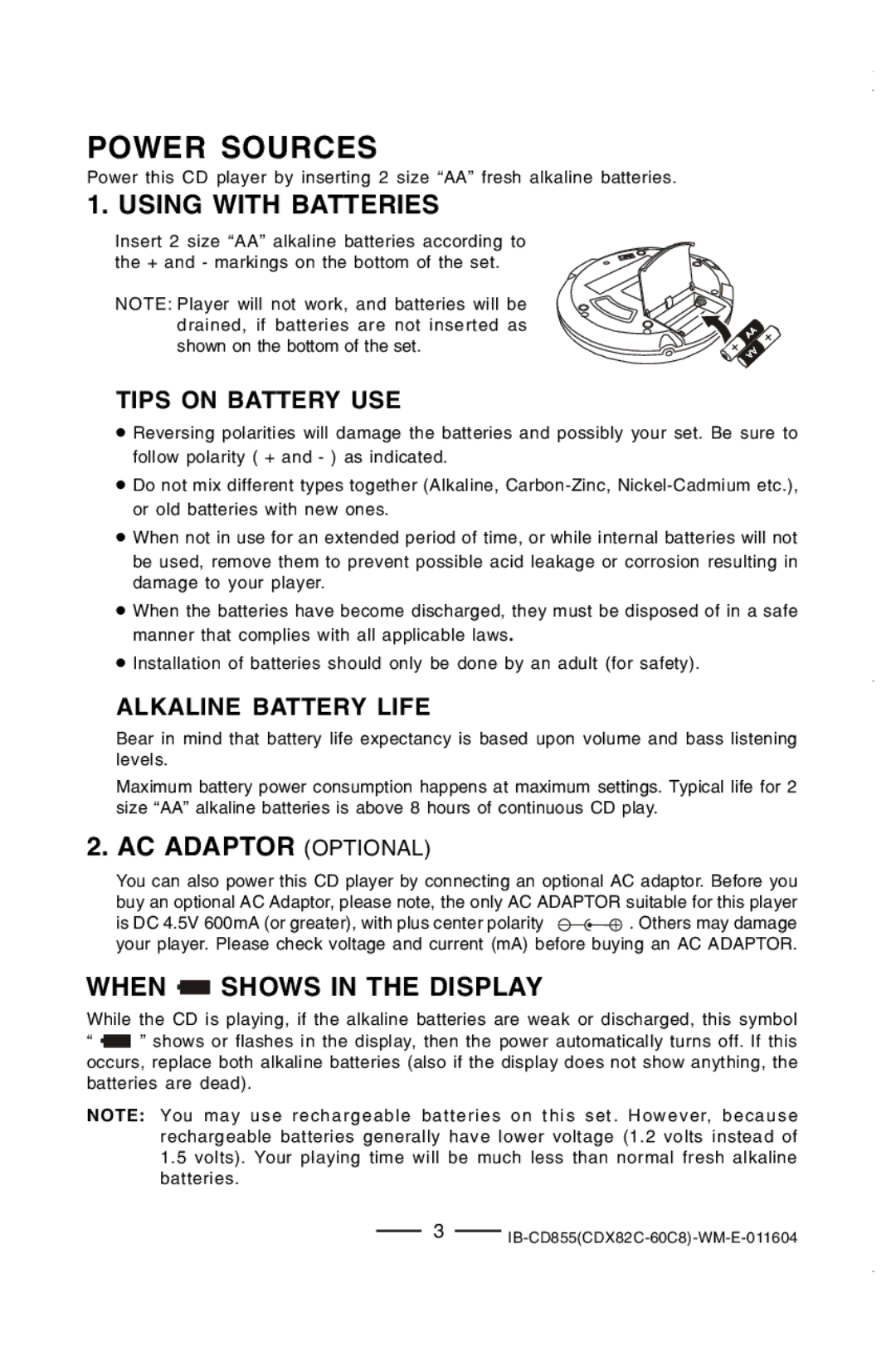 Durabrand CD-855 manual Power Sources, Tips on Battery USE, Alkaline Battery Life 