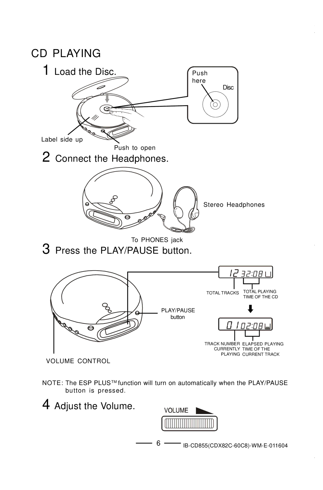 Durabrand CD-855 manual CD Playing, Load the Disc, Connect the Headphones, Press the PLAY/PAUSE button, Adjust the Volume 