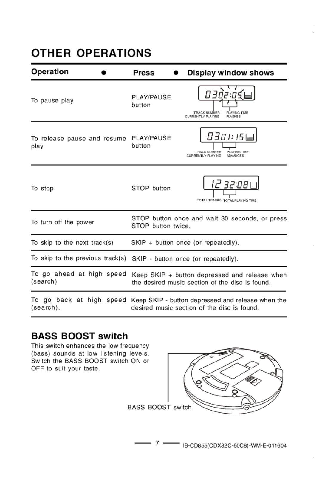 Durabrand CD-855 manual Other Operations, Bass Boost switch 