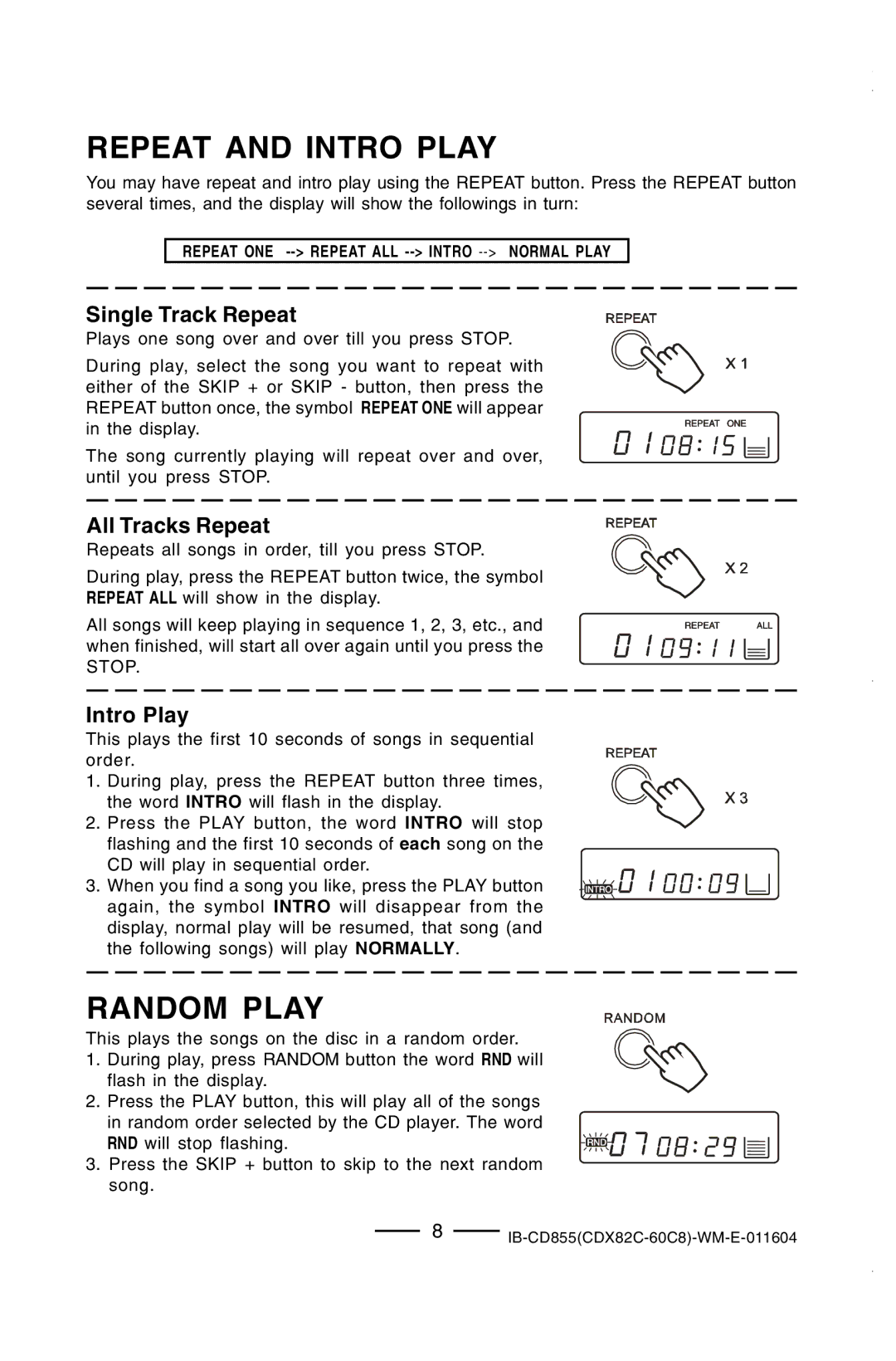 Durabrand CD-855 manual Repeat and Intro Play, Random Play 