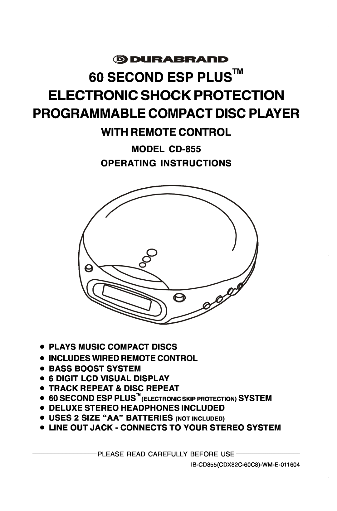 Durabrand manual MODEL CD-855 OPERATING INSTRUCTIONS, 60SECOND ESP PLUSTM ELECTRONIC SHOCK PROTECTION 