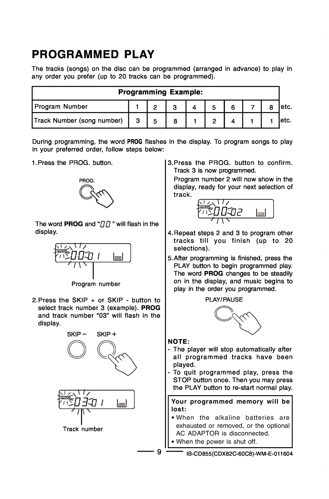 Durabrand CD-855 manual Programmed Play, Programming Example 