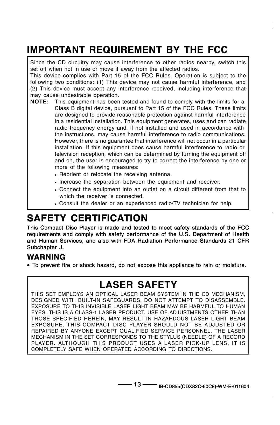 Durabrand CD-855 manual Important Requirement By The Fcc, Safety Certification, Laser Safety 