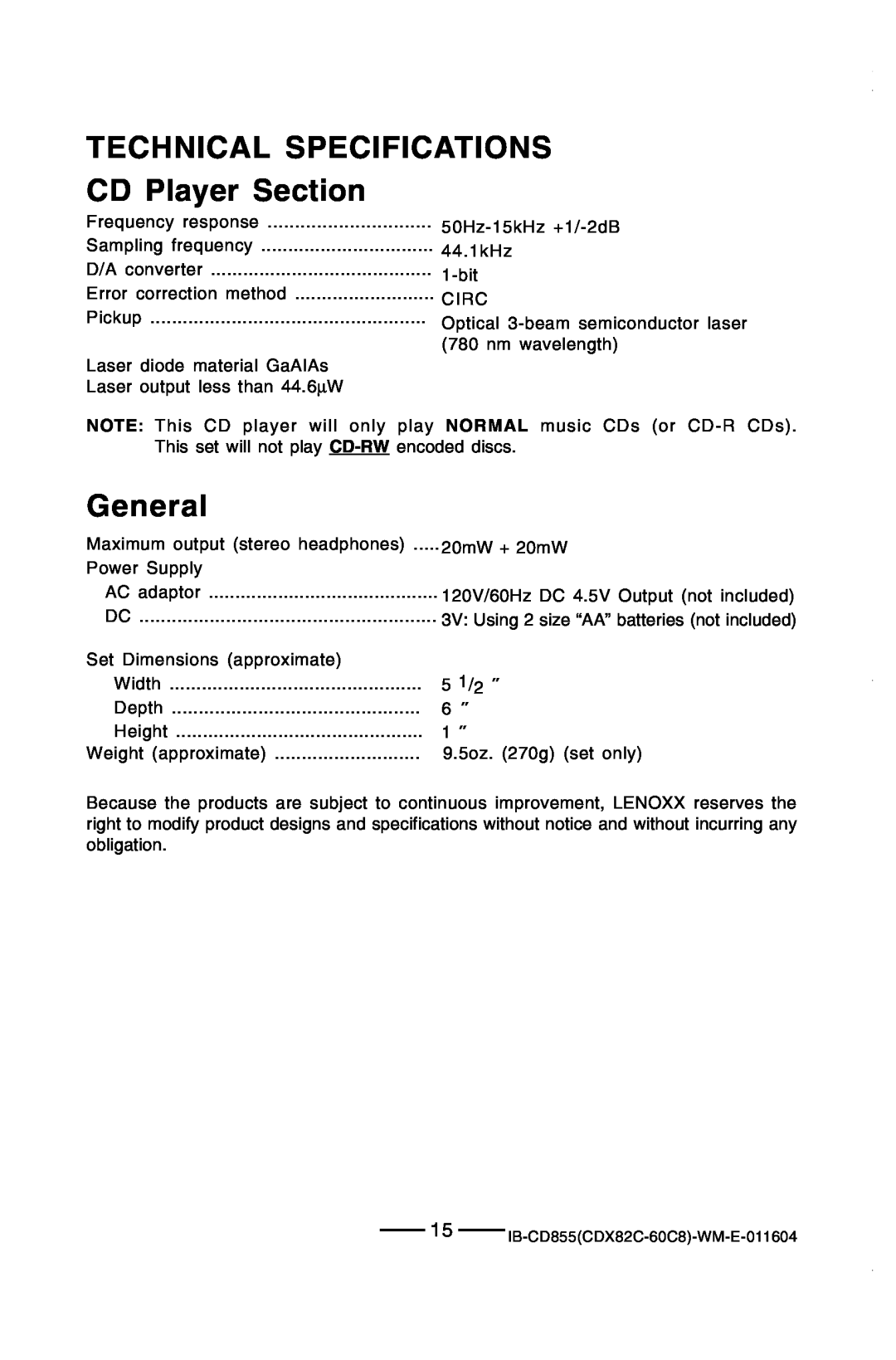 Durabrand CD-855 manual Technical Specifications, CD Player Section, General 