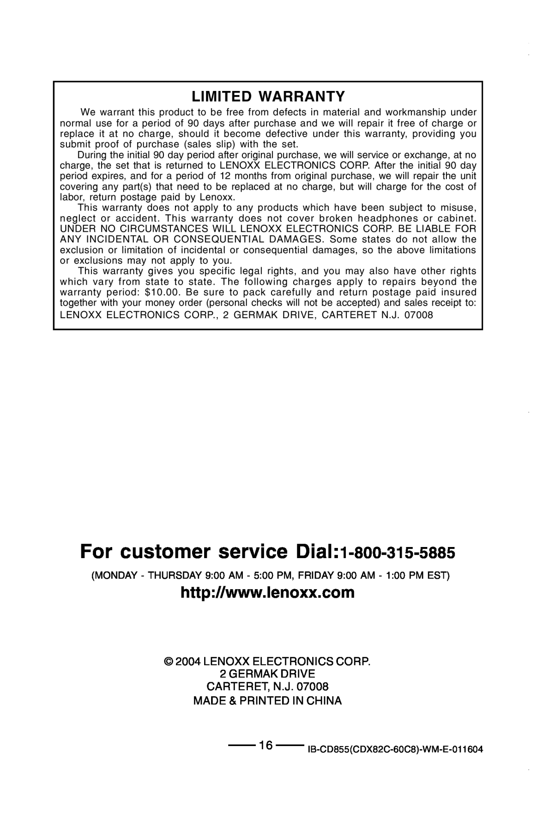 Durabrand CD-855 manual Limited Warranty 