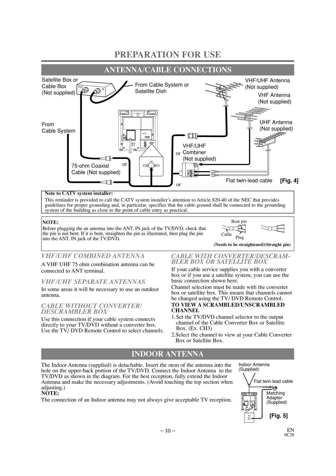 Durabrand DCC0903D owner manual Preparation for USE, ANTENNA/CABLE Connections, Indoor Antenna 