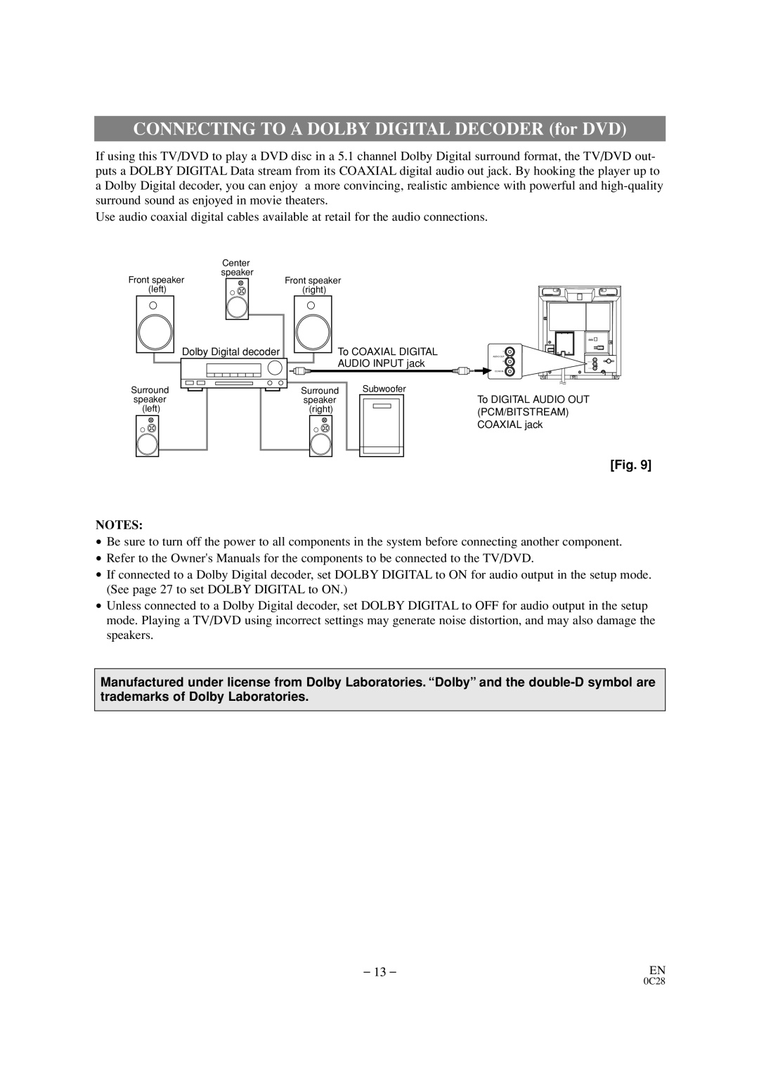 Durabrand DCC0903D owner manual Connecting to a Dolby Digital Decoder for DVD 