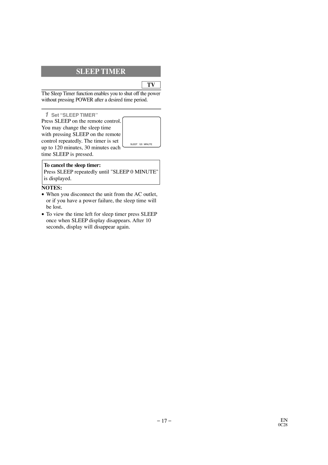 Durabrand DCC0903D Sleep Timer, Up to 120 minutes, 30 minutes each time Sleep is pressed, To cancel the sleep timer 