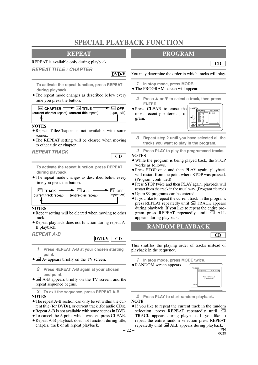 Durabrand DCC0903D owner manual Special Playback Function, Repeat, Random Playback, Program 