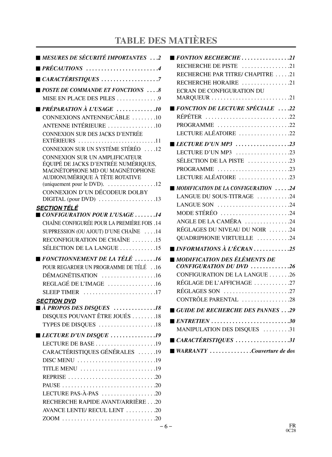 Durabrand DCC0903D owner manual Table DES Matières, Mise EN Place DES Piles, Extérieurs, Manipulation DES Disques 