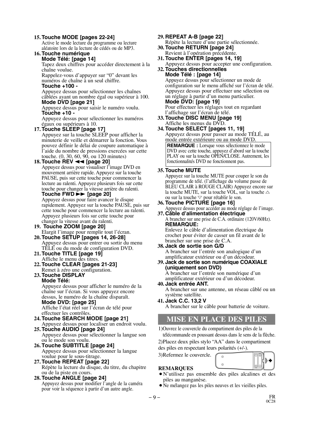 Durabrand DCC0903D owner manual Mise EN Place DES Piles, Remarques 