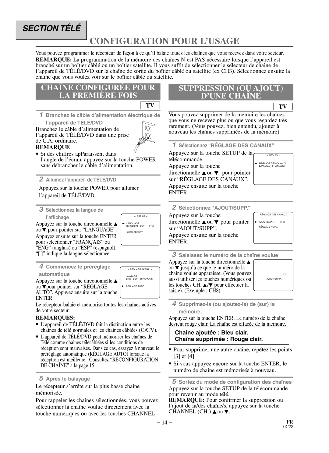 Durabrand DCC0903D Configuration Pour L’USAGE, Chaîne Configurée Pour LA Première Fois, Suppression OU Ajout ’UNE Chaîne 