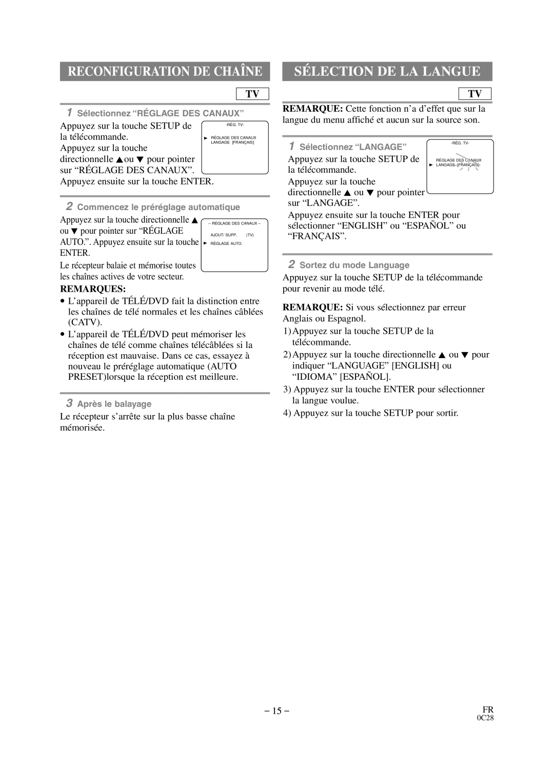 Durabrand DCC0903D owner manual Sélection DE LA Langue, Reconfiguration DE Chaîne, Ou L pour pointer sur Réglage 