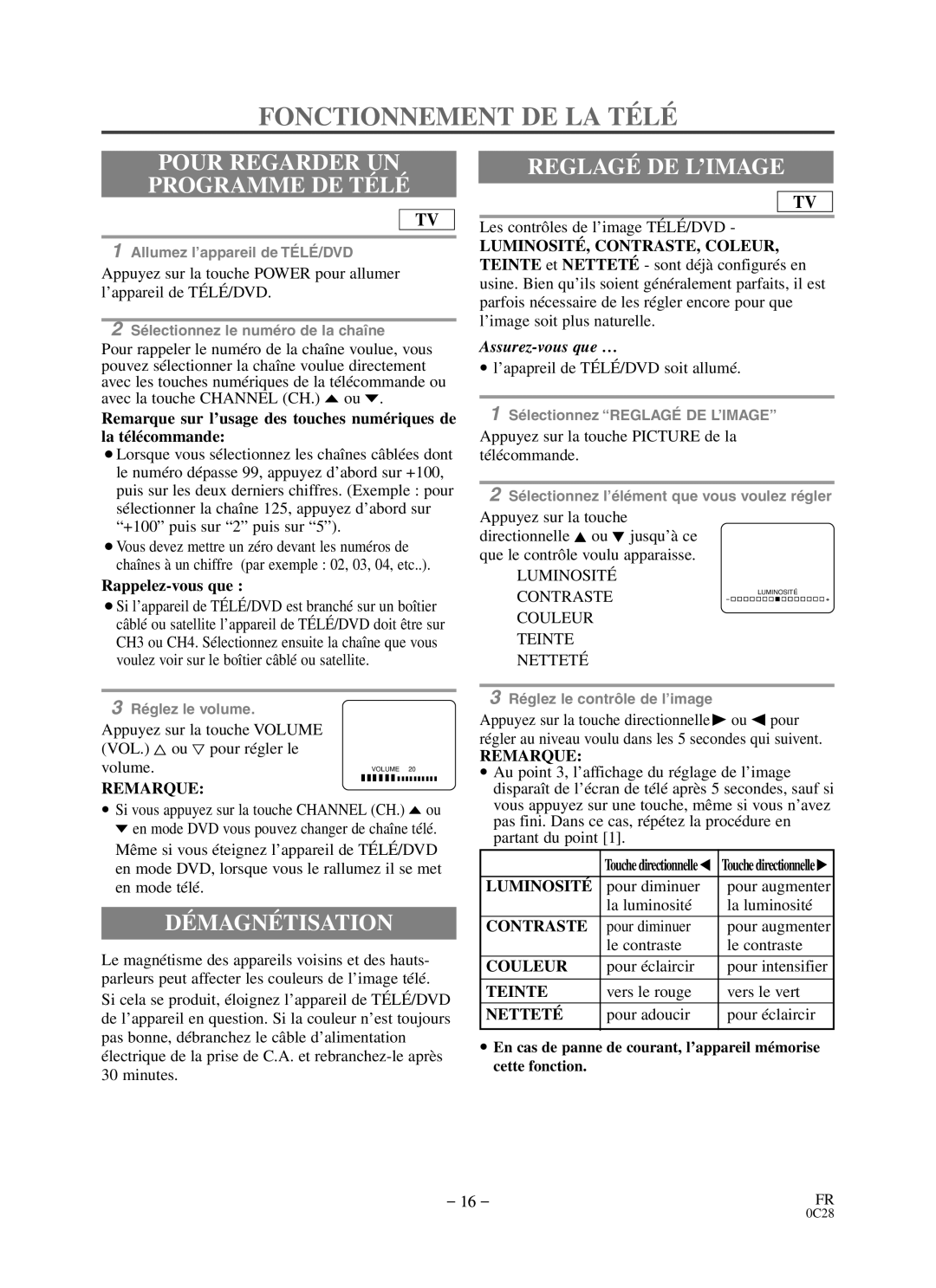 Durabrand DCC0903D Fonctionnement DE LA Télé, Pour Regarder UN Programme DE Télé, Démagnétisation, Reglagé DE L’IMAGE 