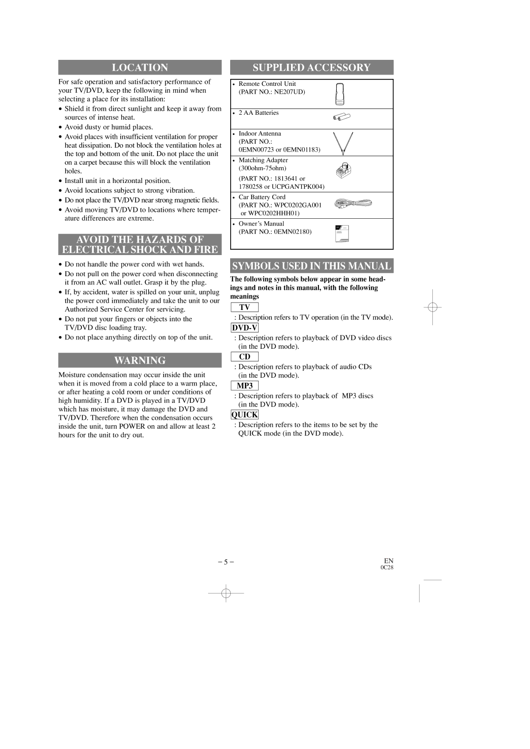 Durabrand DCC0903D Supplied Accessory, Symbols Used in this Manual, Description refers to TV operation in the TV mode 