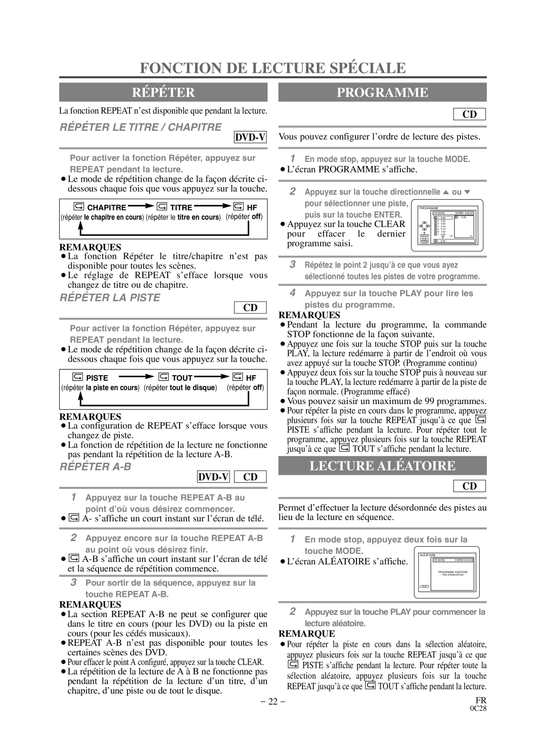 Durabrand DCC0903D owner manual Fonction DE Lecture Spéciale, Répéter, Lecture Aléatoire, Programme 