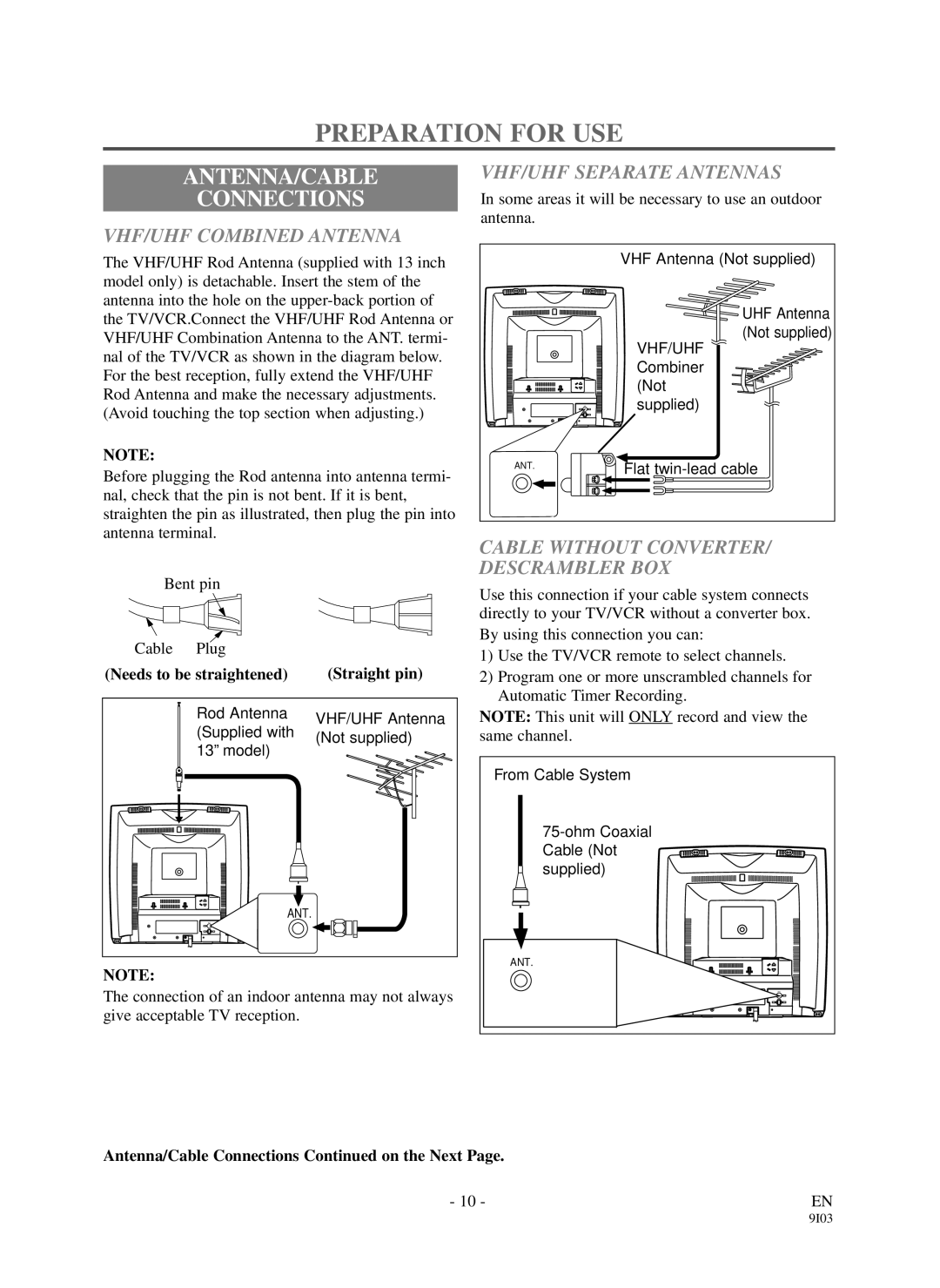 Durabrand DCC1903 Preparation for USE, ANTENNA/CABLE Connections, VHF/UHF Combined Antenna, VHF/UHF Separate Antennas 