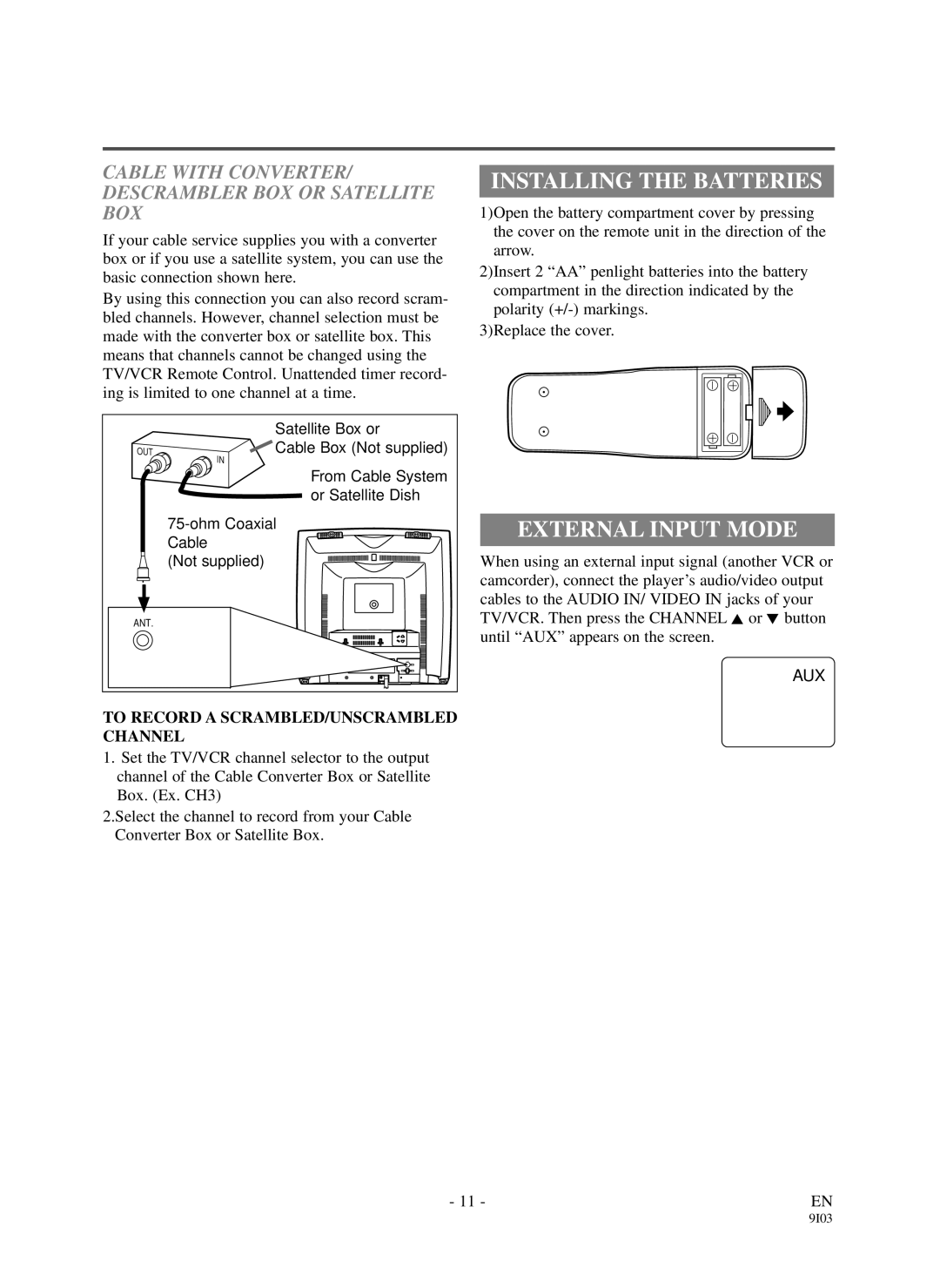 Durabrand DCC1303 Installing the Batteries, External Input Mode, Cable with CONVERTER/ Descrambler BOX or Satellite BOX 