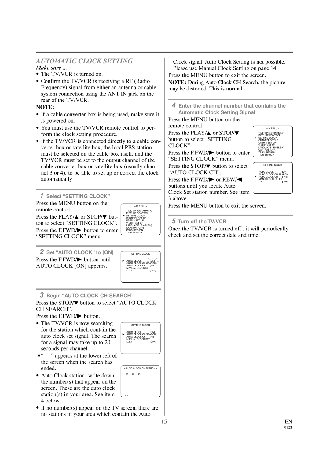 Durabrand DCC1303, DCC1903 owner manual Automatic Clock Setting, Auto Clock CH, CH Search 