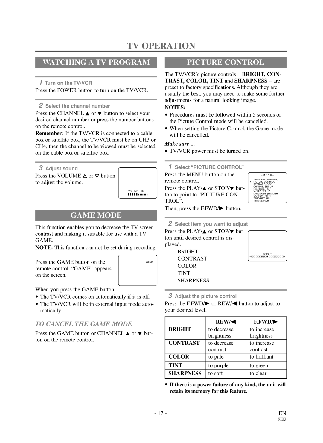 Durabrand DCC1303, DCC1903 owner manual TV Operation, Watching a TV Program, Picture Control, To Cancel the Game Mode 