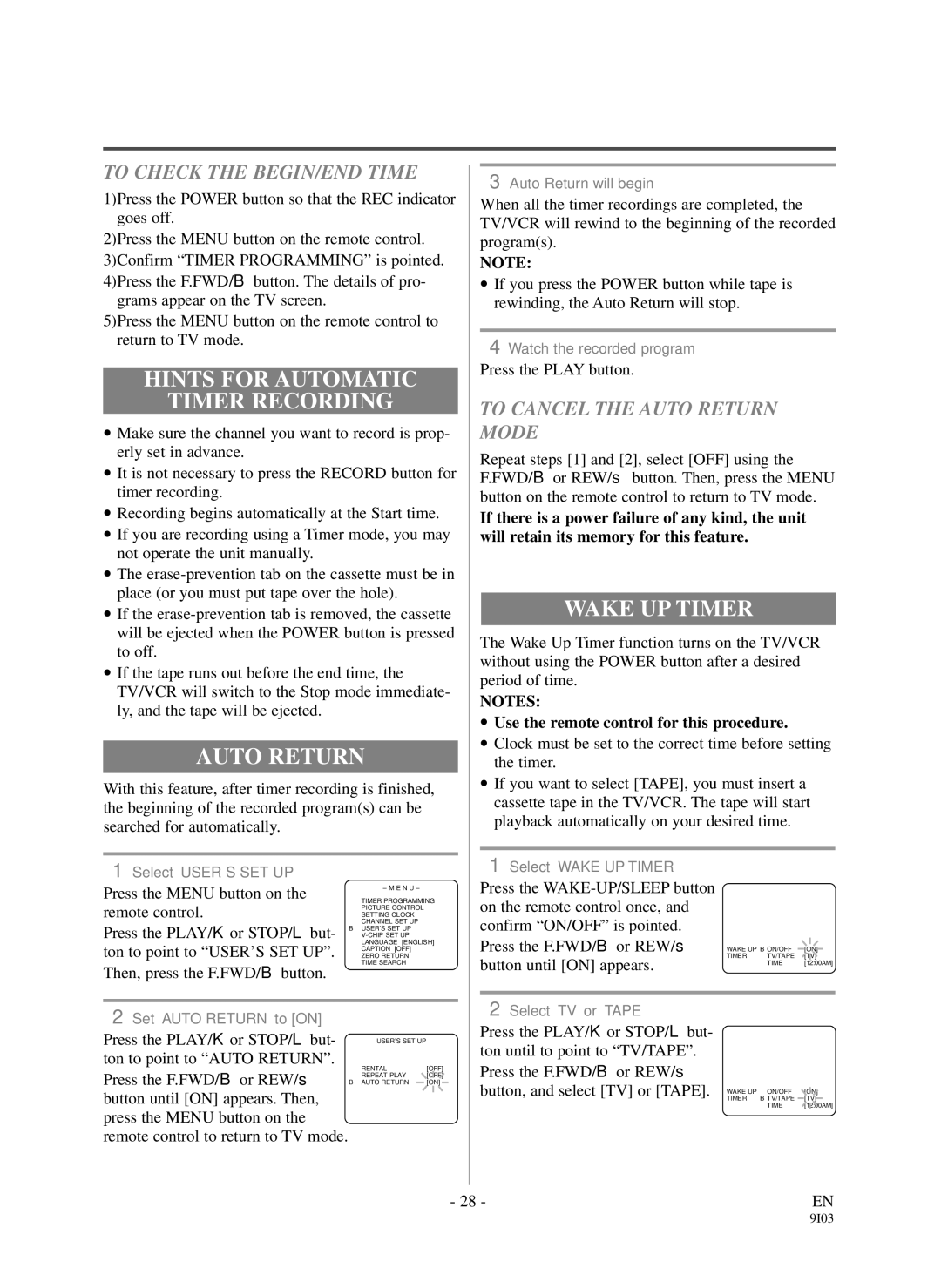 Durabrand DCC1903, DCC1303 Hints for Automatic Timer Recording, Auto Return, Wake UP Timer, To Check the BEGIN/END Time 