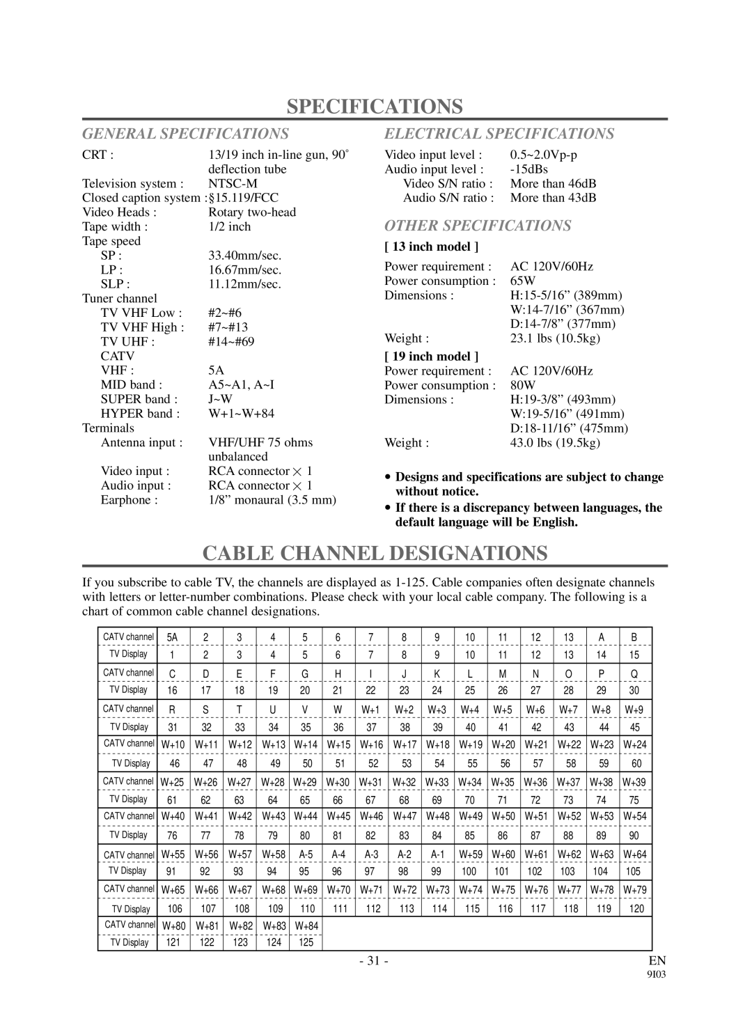 Durabrand DCC1303 Cable Channel Designations, General Specifications, Electrical Specifications, Other Specifications 