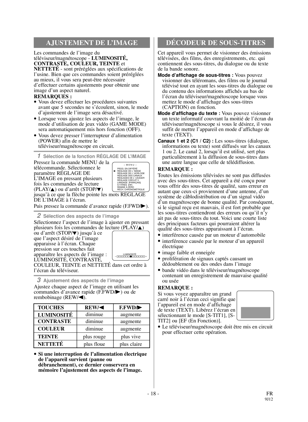 Durabrand DCC1903, DCC1303 owner manual Ajustement DE L’IMAGE, Décodeur DE SOUS-TITRES 