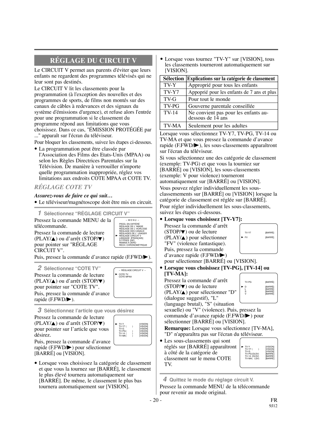 Durabrand DCC1903, DCC1303 owner manual Réglage DU Circuit, Réglage Cote TV, Sélection, Lorsque vous choisissez TV-Y7 