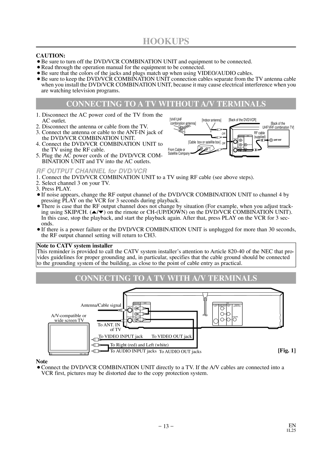 Durabrand DCD2203 owner manual Hookups, Connecting to a TV Without A/V Terminals, Connecting to a TV with A/V Terminals 