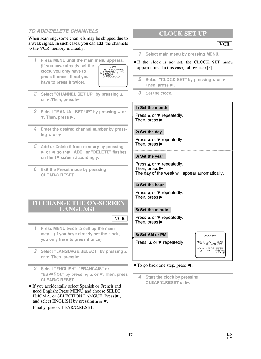 Durabrand DCD2203 owner manual Clock SET UP, To Change the ON-SCREEN Language, To ADD/DELETE Channels 