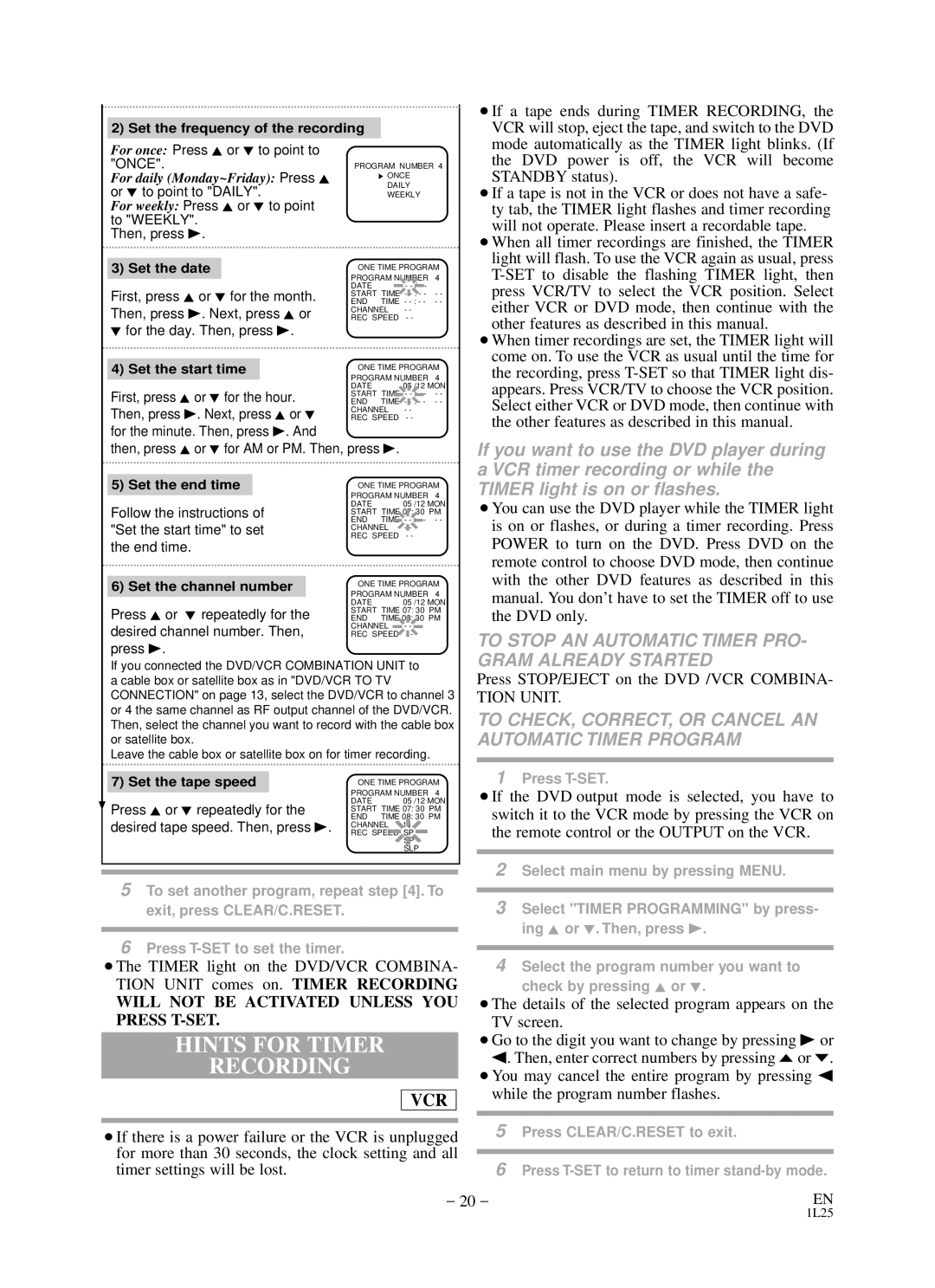 Durabrand DCD2203 owner manual Hints for Timer, Recording, Timer light is on or flashes 