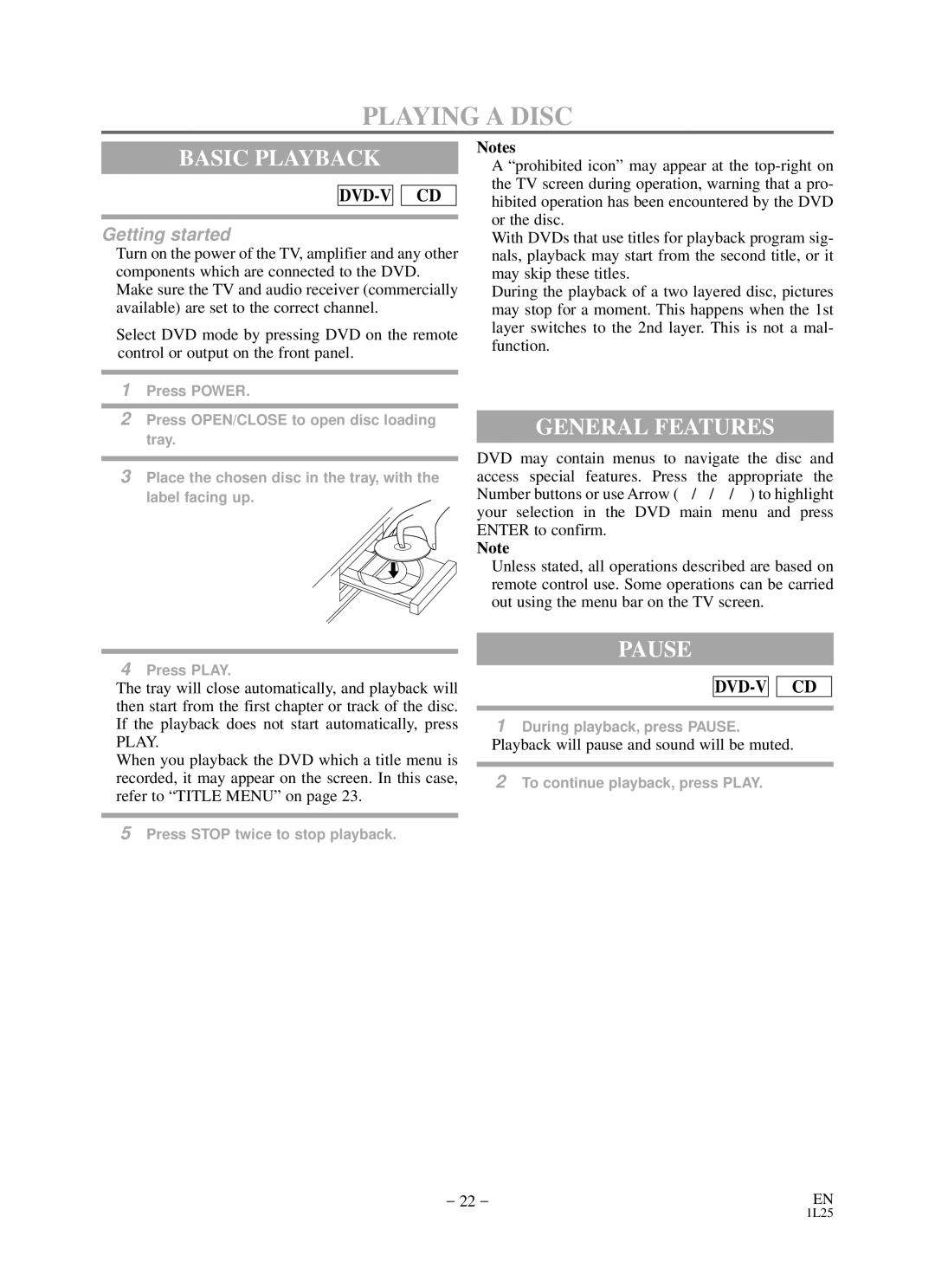 Durabrand DCD2203 owner manual Playing a Disc, Basic Playback, General Features, Pause, Getting started 