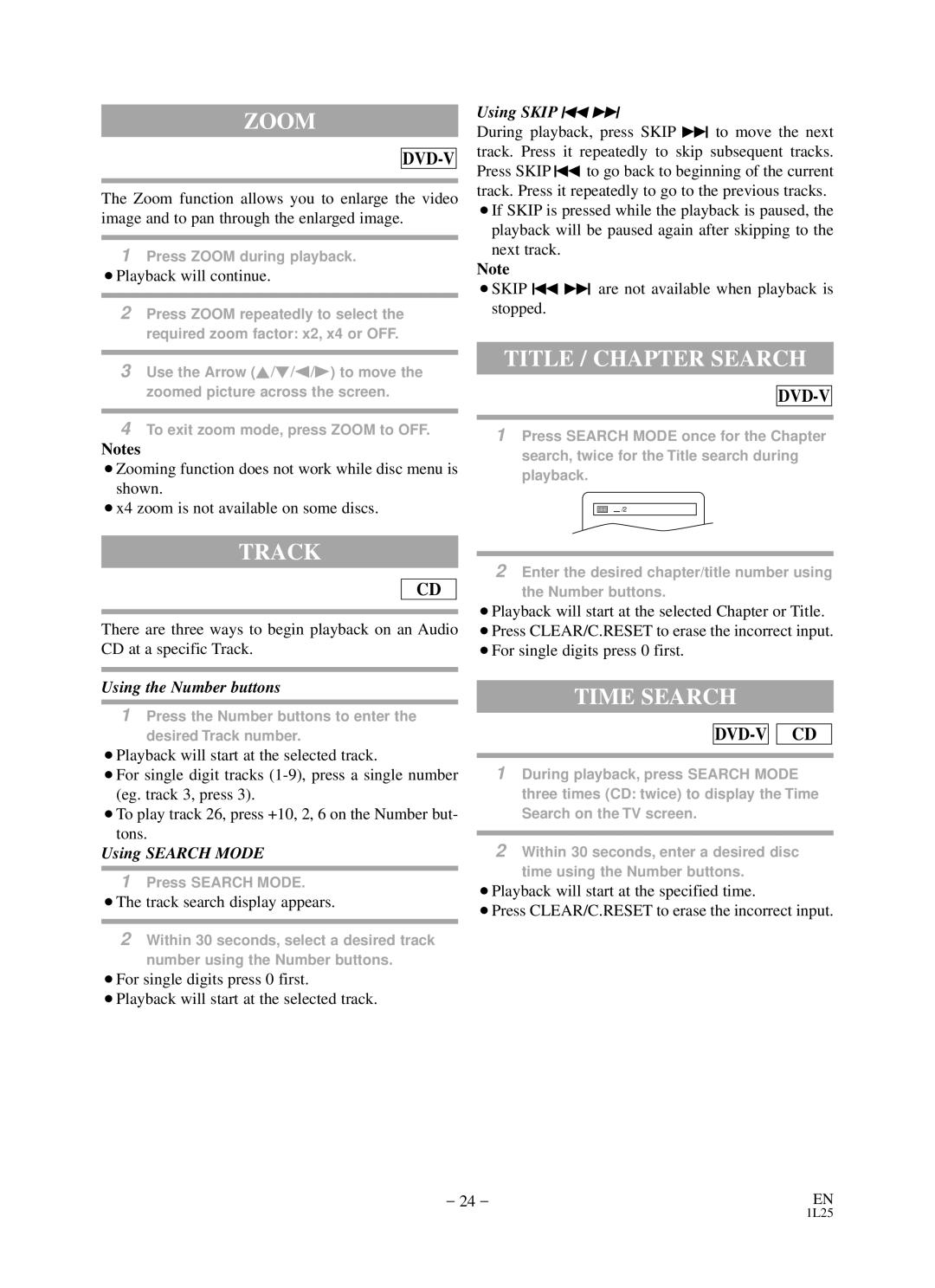 Durabrand DCD2203 owner manual Zoom, Title / Chapter Search, Track, Time Search 