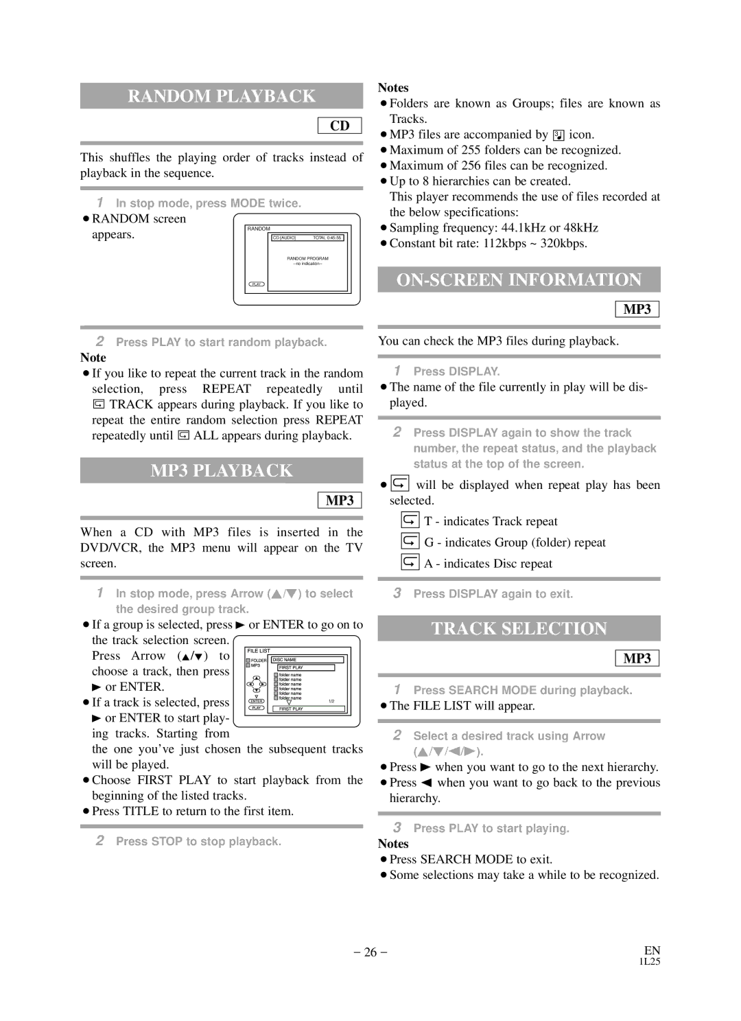 Durabrand DCD2203 owner manual Random Playback, MP3 Playback, ON-SCREEN Information, Track Selection 