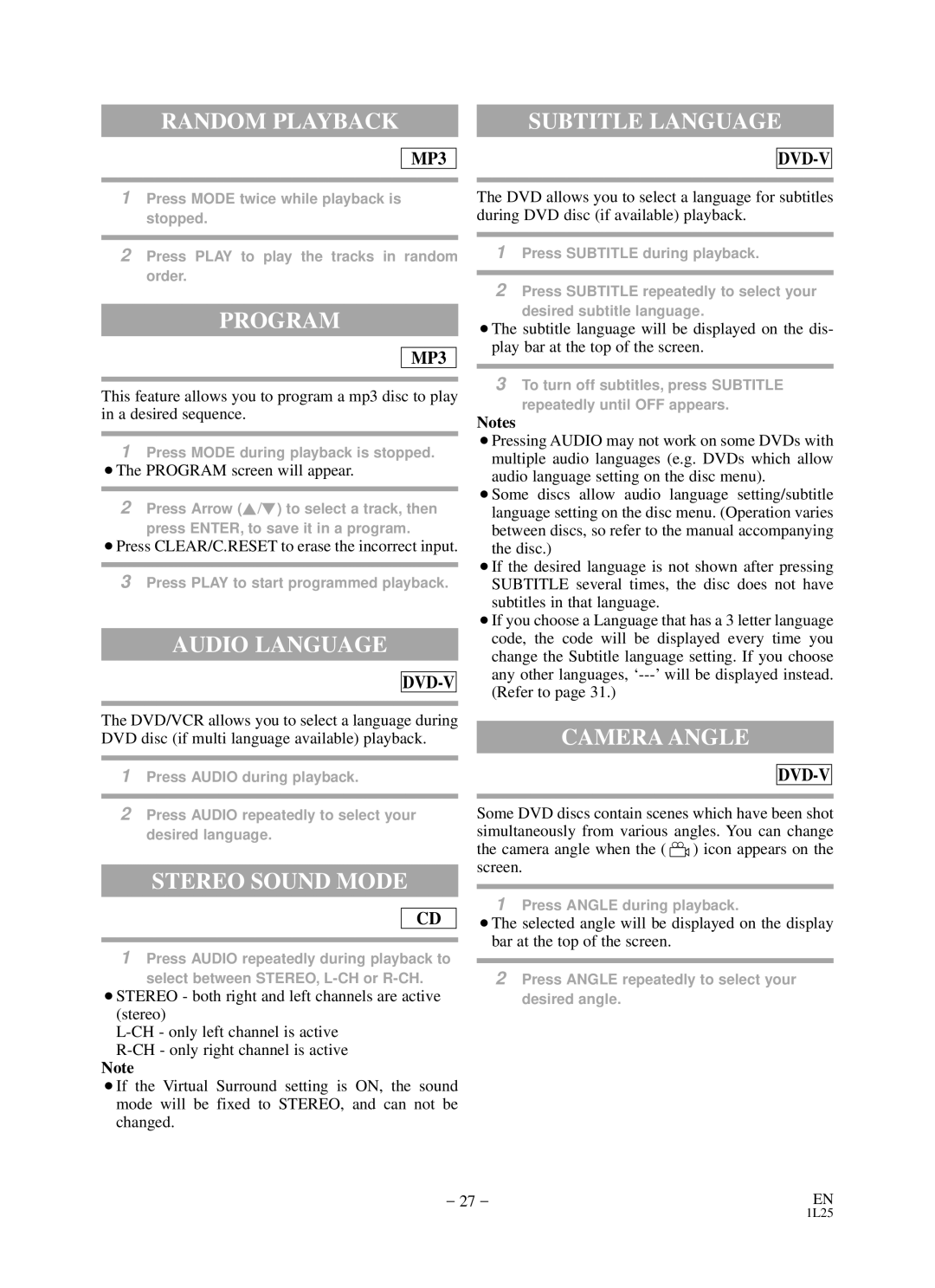 Durabrand DCD2203 owner manual Subtitle Language, Audio Language, Stereo Sound Mode, Camera Angle 