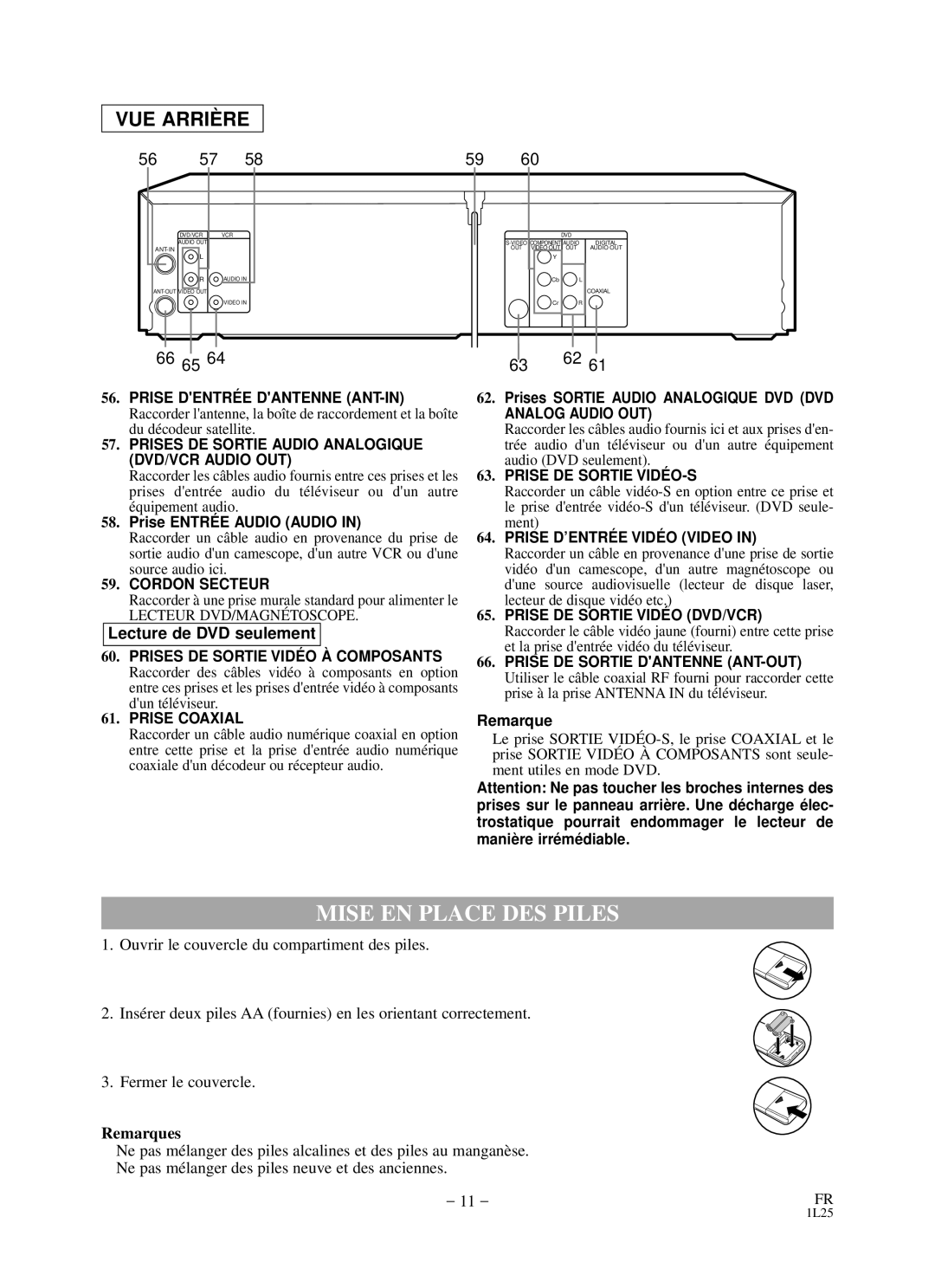 Durabrand DCD2203 owner manual Mise EN Place DES Piles, Prise Entré E Audio Audio, Lecture de DVD seulement, Remarque 