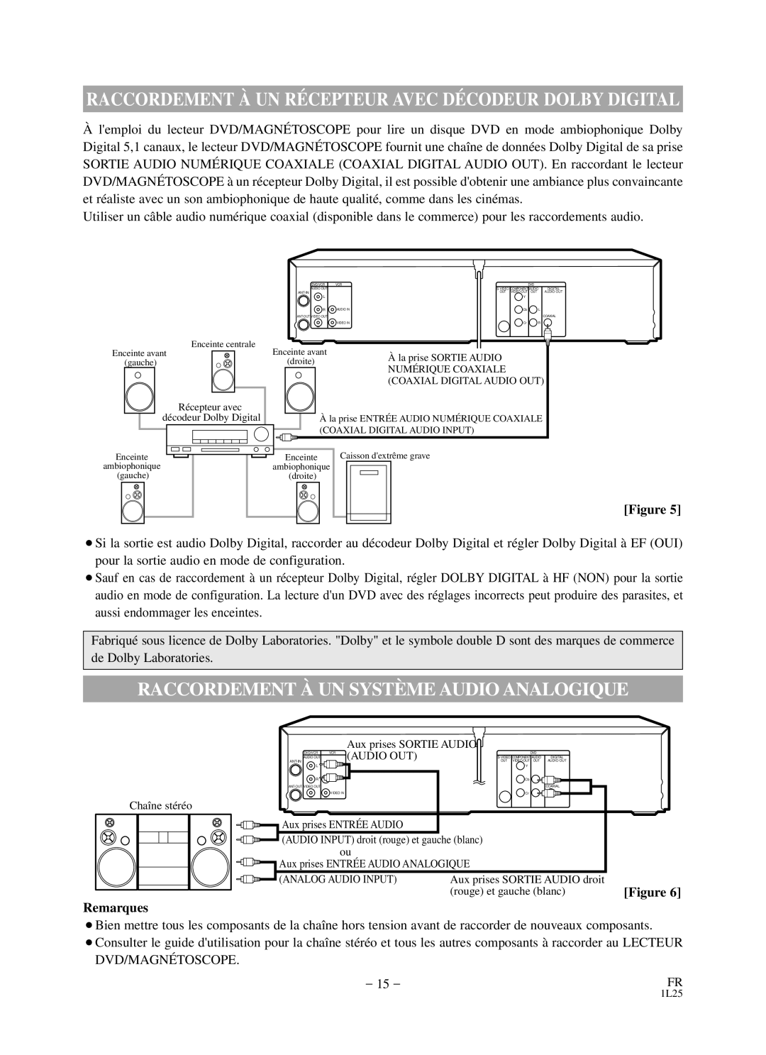 Durabrand DCD2203 Raccordement À UN Systè ME Audio Analogique, Raccordement À UN RÉ Cepteur Avec DÉ Codeur Dolby Digital 