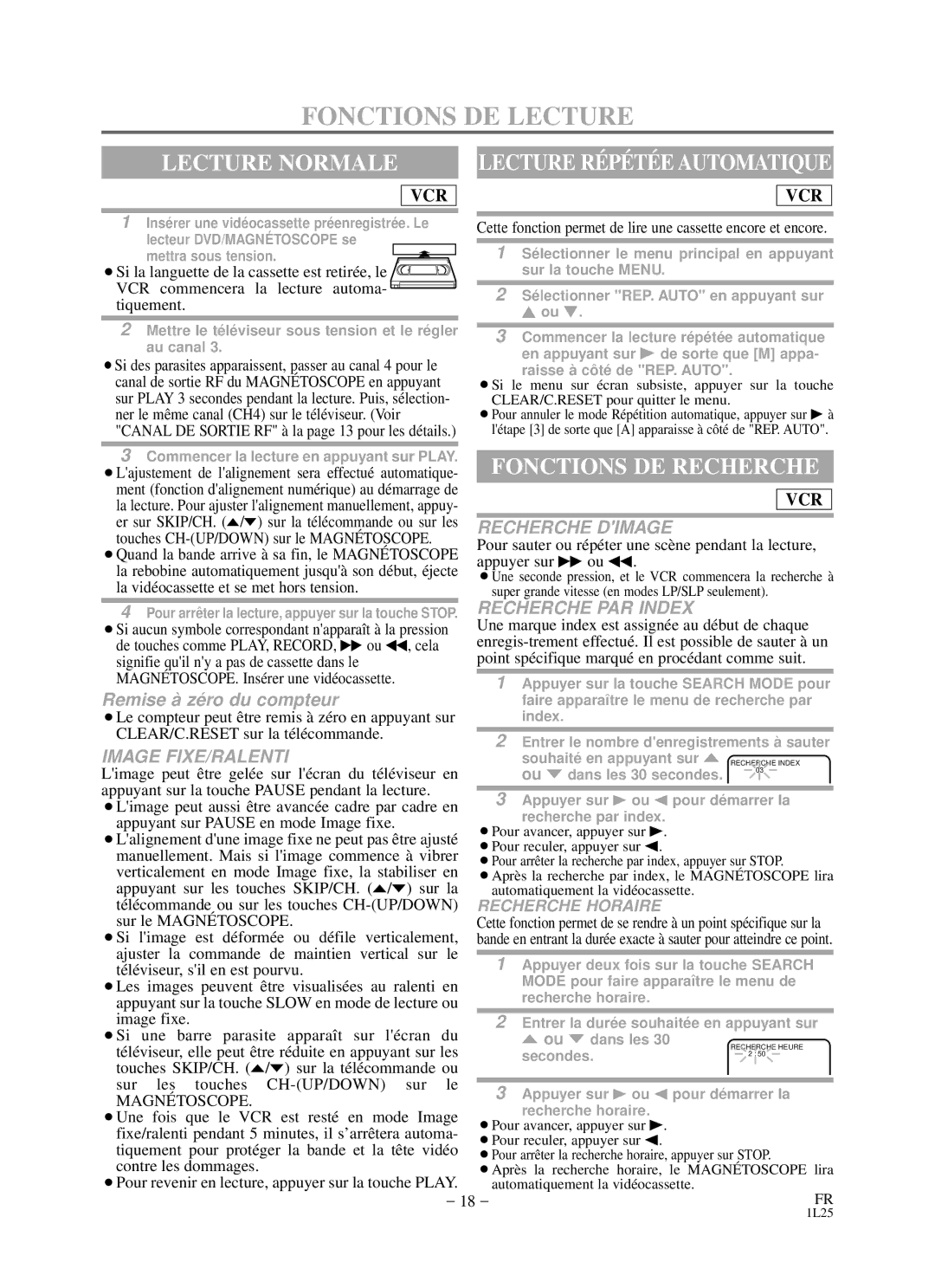 Durabrand DCD2203 Fonctions DE Lecture, Lecture Normale, Fonctions DE Recherche, Lecture RÉ PÉ TÉ E Automatique 