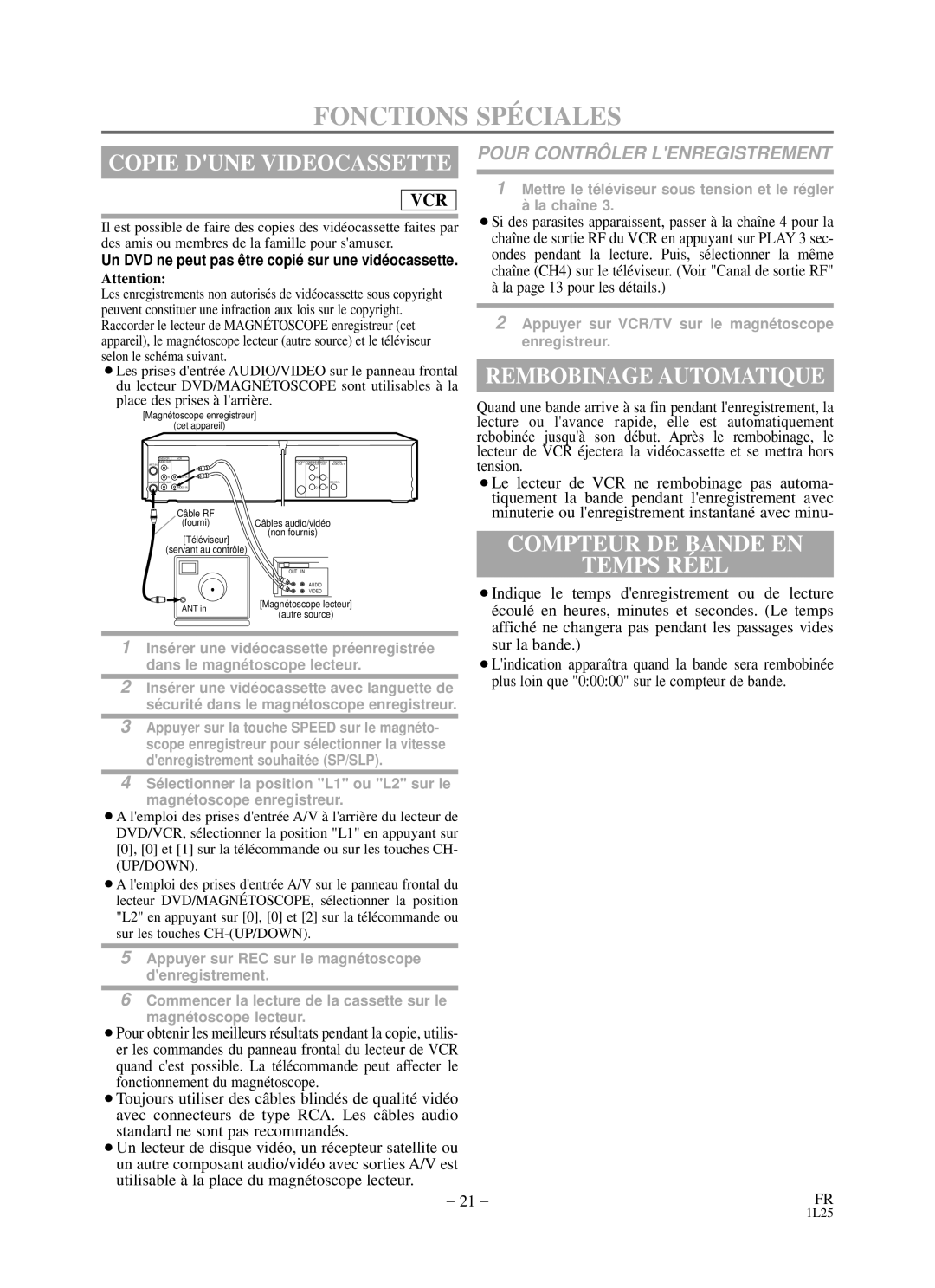 Durabrand DCD2203 Fonctions SPÉ Ciales, Copie Dune Videocassette, Rembobinage Automatique, Pour Contrô LER Lenregistrement 