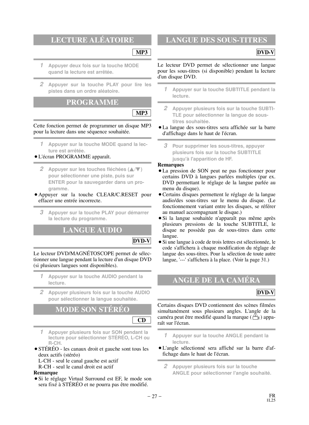 Durabrand DCD2203 owner manual Langue DES SOUS-TITRES, Programme, Langue Audio, Angle DE LA Camé RA, Mode SON STÉ RÉ O 